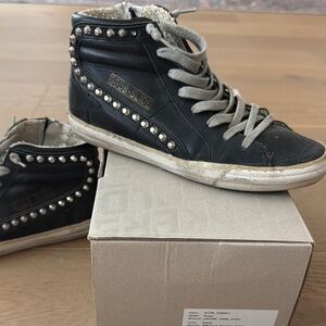 Black studded “slide” high top golden good sneakers